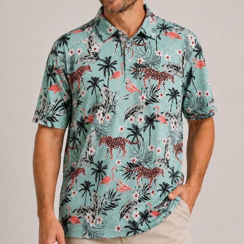 GreenSide Golf Polo Shirt XXL Tropical Flamingo Leopard Print Performance Polo